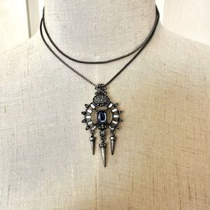 AU long blue silver tone rhinestone pendant necklace